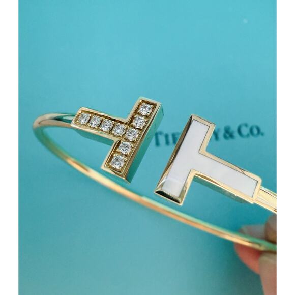 Auth Tiffany & Co. 18k Gold Diamond & Mother Pearl T Square Wire Cuff Bracelet - Picture 4 of 8